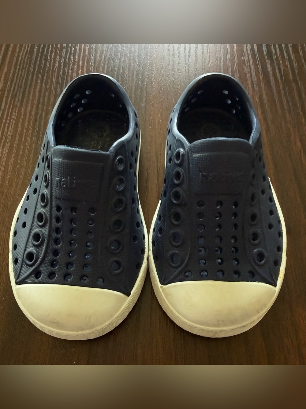 Size 4 Native Kids Navy Slip-On Shoes with White Toe Cap